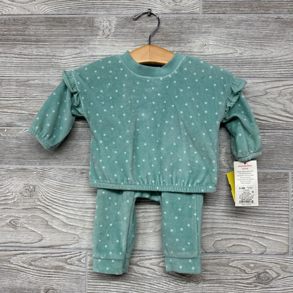 NEW 2 Pc LS Velour Shirt & Pants Dots Ruffle Shoulder