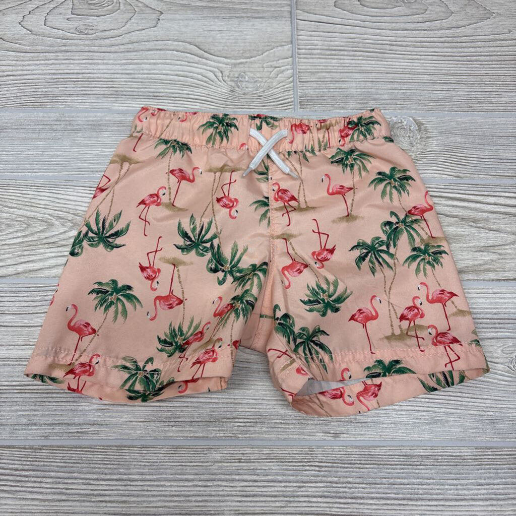Drawstring Swim Trunks Flamingos Palm Trees