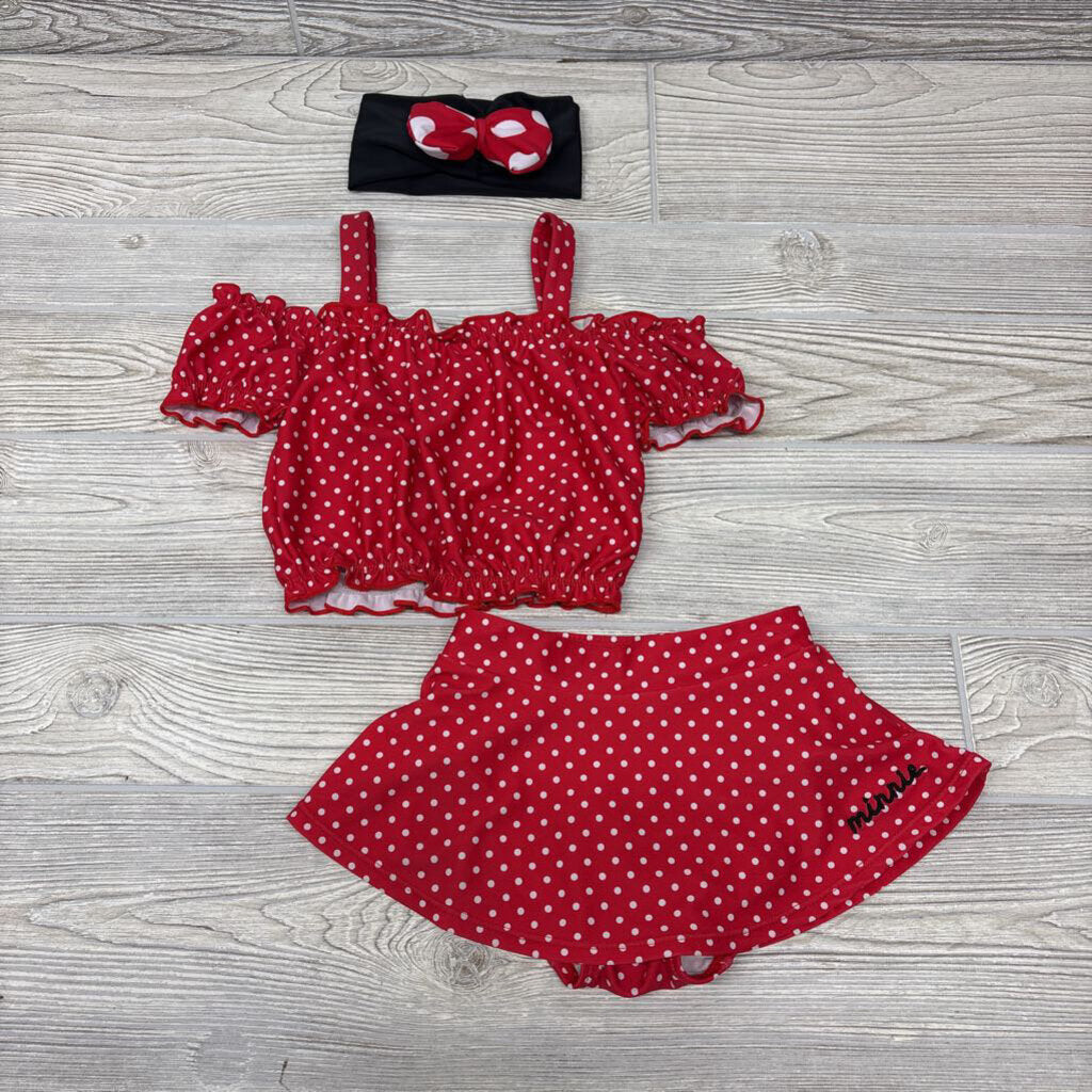 4 Pc Swimsuit Top, Bottoms, Skirt & Headwrap Minnie Mouse Dots
