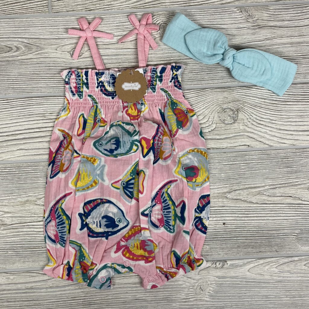 NEW Tank Smocked Bubble Romper & Headwrap Fish Bow Straps