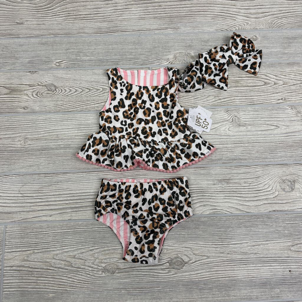 NEW 2 Pc Reversible Swimsuit & Headwrap Stripes Animal Print