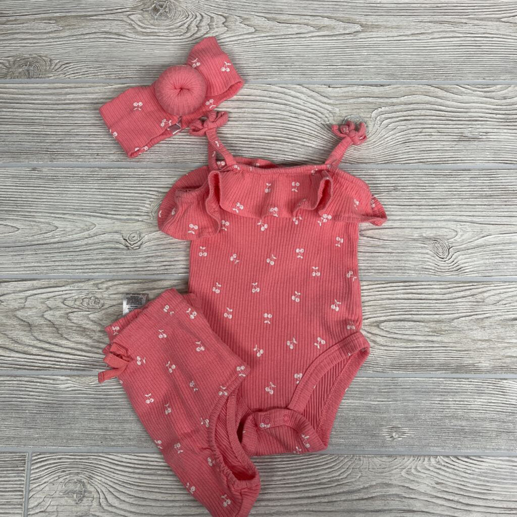 2 Pc Ribbed Tank Bodysuit & Bummies W/ Headwrap Cherries