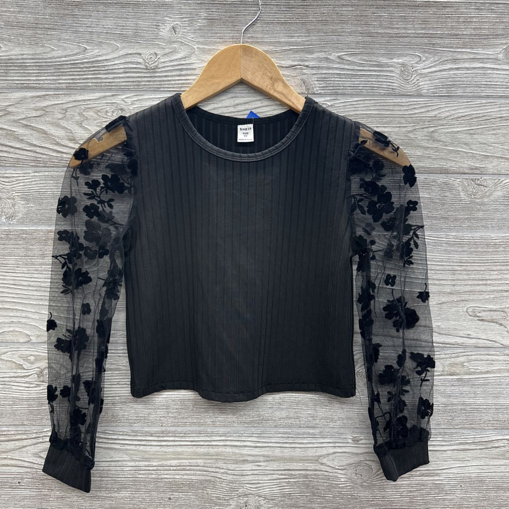 LS Ribbed Shirt Sheer Sleeves Flowers