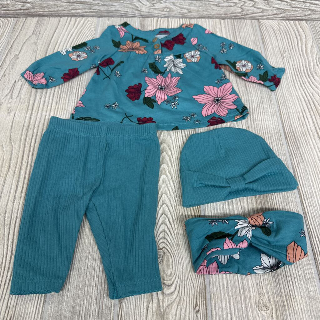 LS Shirt & Ribbed Leggings W/ Headwrap & Hat Flowers