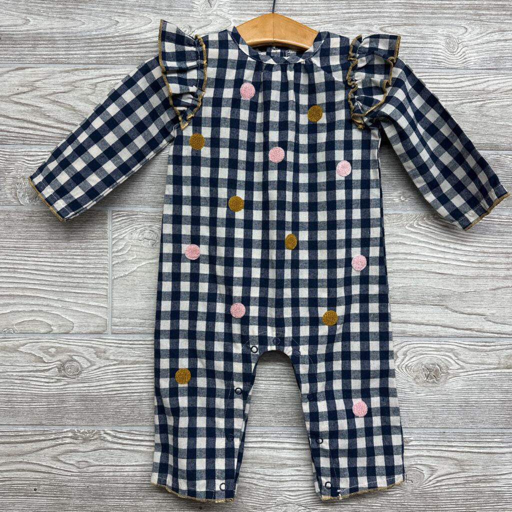 LS Coverall Gingham Embroidered Dots