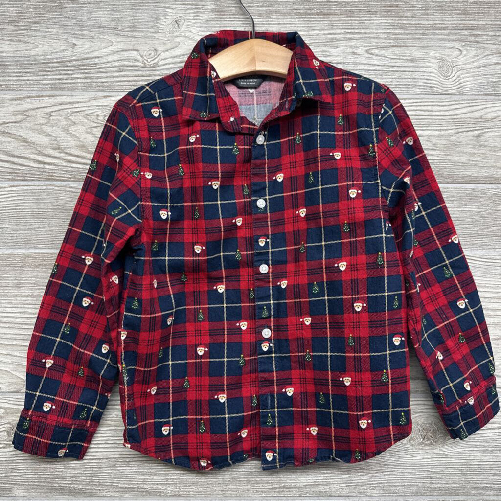 LS Plaid Button Up Shirt Santa Trees 5-6