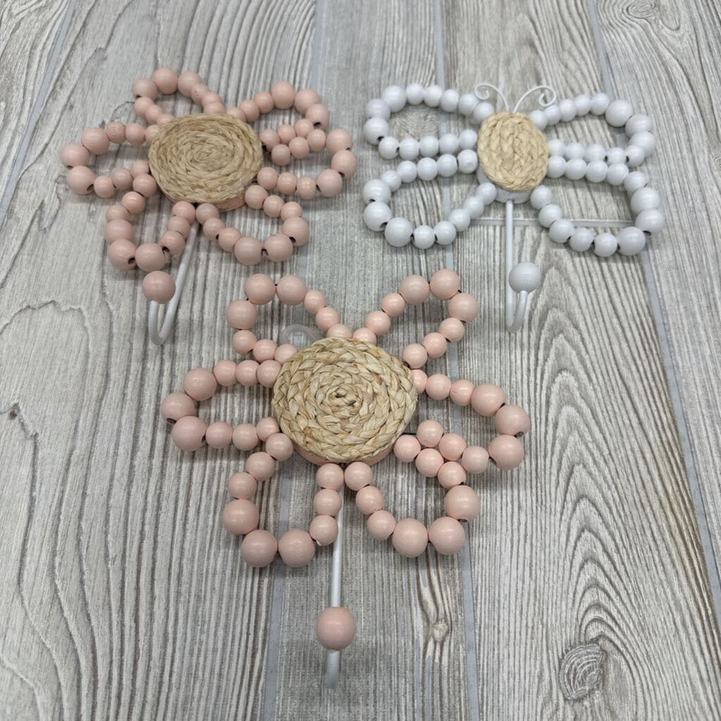 3 Beaded Wall Hooks Flowers & Butterfly