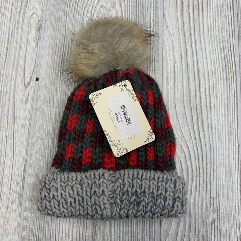 NEW Knit Winter Hat W/ Pom Plaid 6-24m