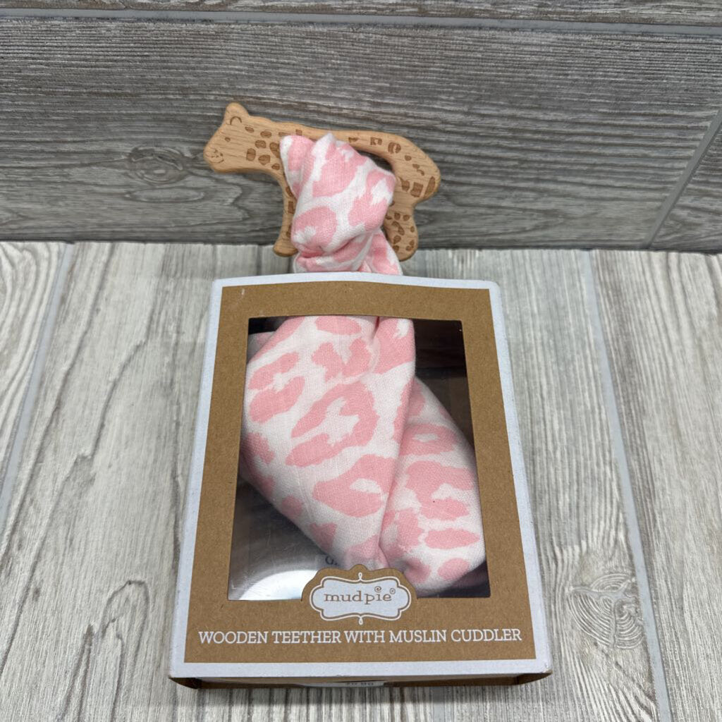 NEW Wooden Teether W/ Muslin Cuddler Animal Print
