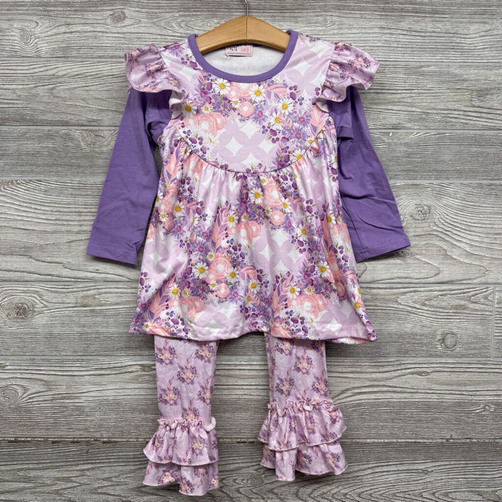 NEW LS Dress & Ruffle Pants Flowers Feathers 3t