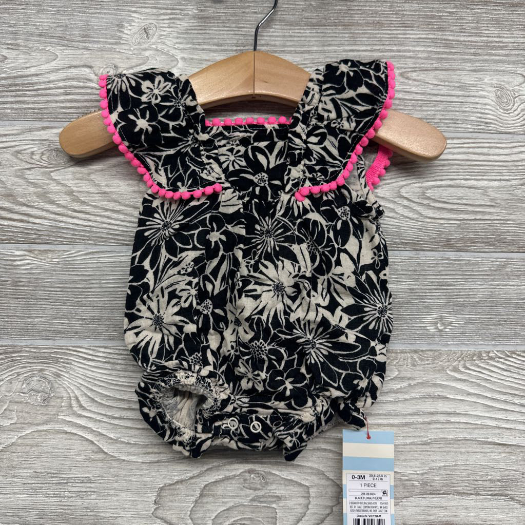 NEW Gauze Romper Flowers Pom Ruffle 0-3m