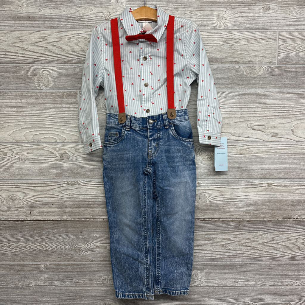 NEW LS Button Up Shirt & Suspender Jeans Stripes Hearts 4t