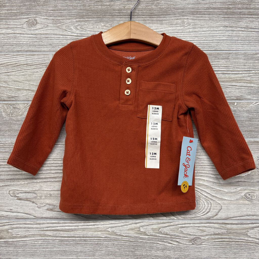 NEW LS Waffle Knit Henley Shirt Chest Pocket 12m