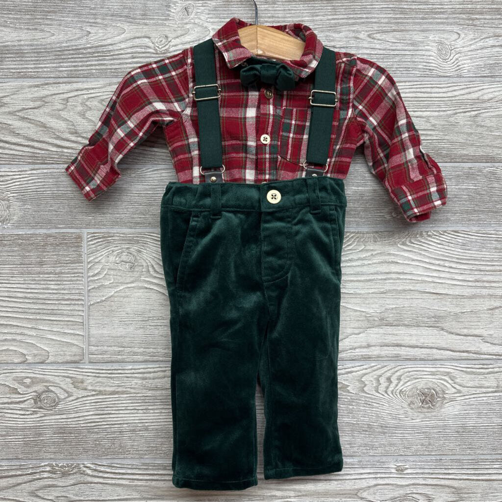 LS Button Up Plaid Bodysuit & Velour Suspender Pants 0-3m