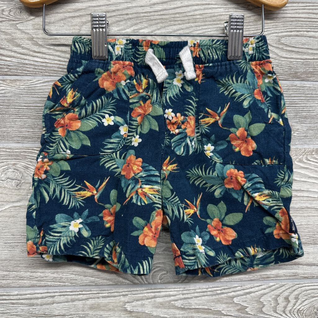 Linen Button Up Shirt & Shorts Leaves Flowers 24m