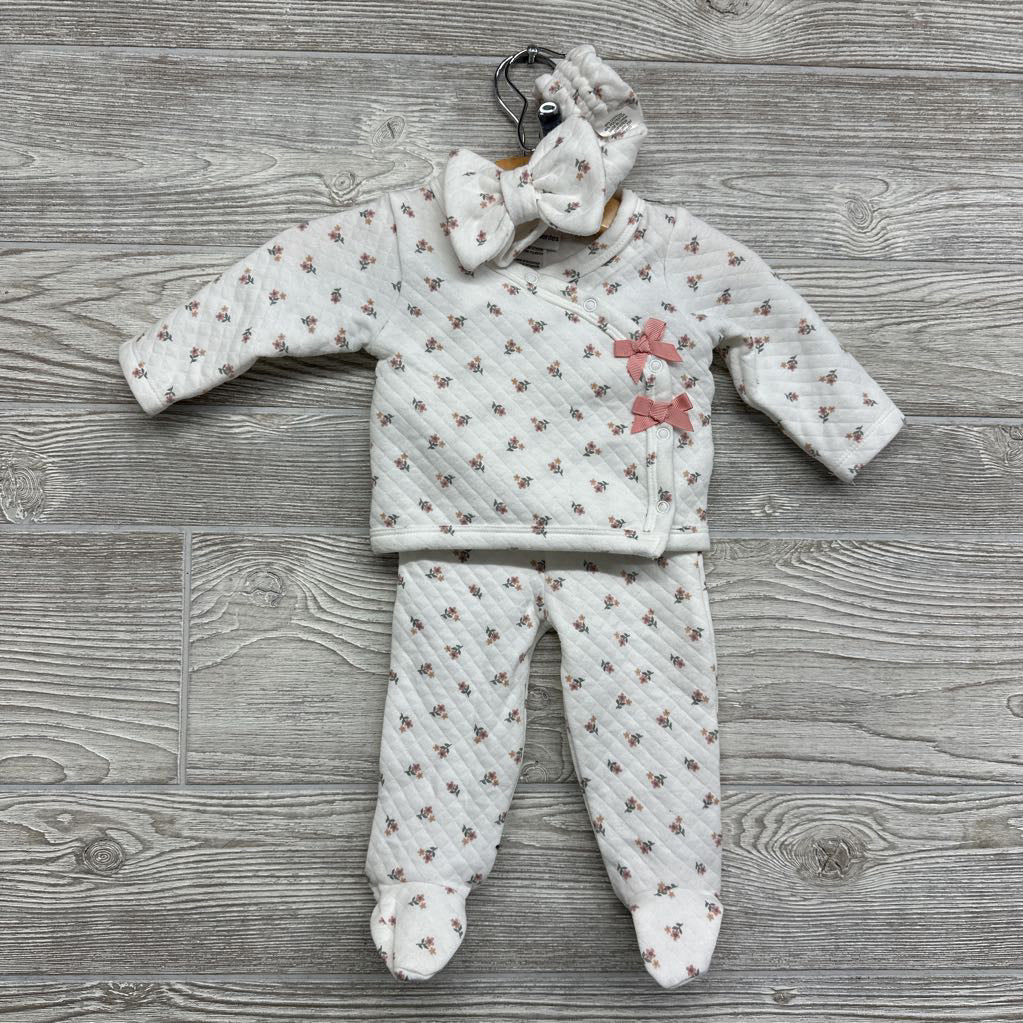 Side Snap Quilted Shirt & Footed Pants W/ Headwrap Flowers 0-3m
