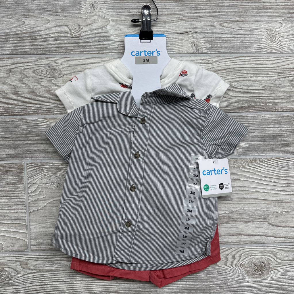 NEW Button Up Striped Shirt, Shorts & Construction Bodysuit 3M