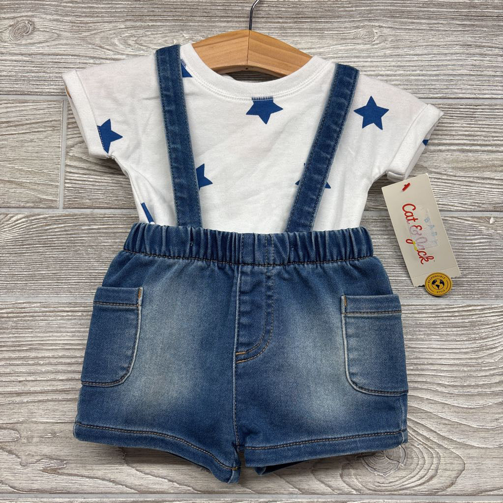 NEW Knit Denim Suspender Shorts & Bodysuit Stars 0-3m