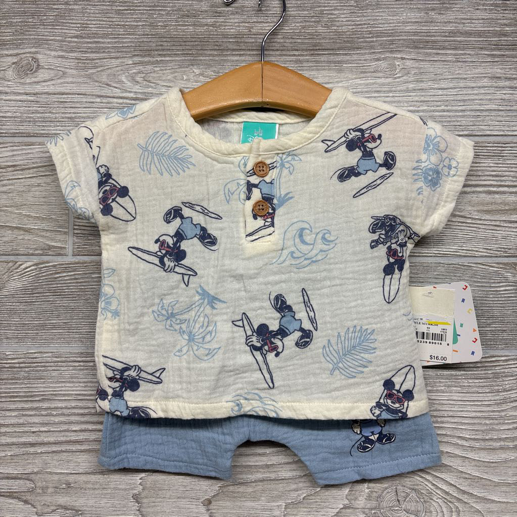 NEW Gauze Henley Shirt & Shorts Mickey Mouse Surfing 0-3m