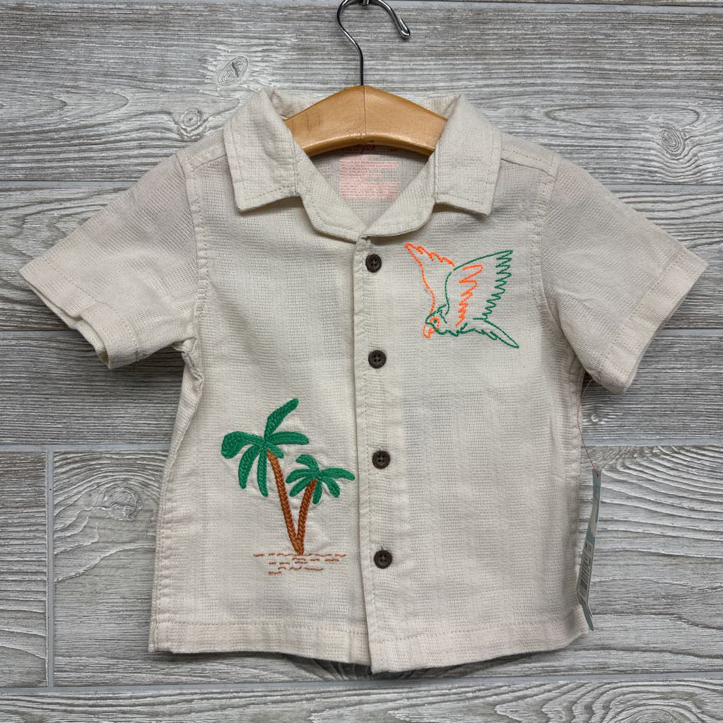 NEW Tropical SS Button Up Embroidered Palm Tree & Parrot Shirt 18M