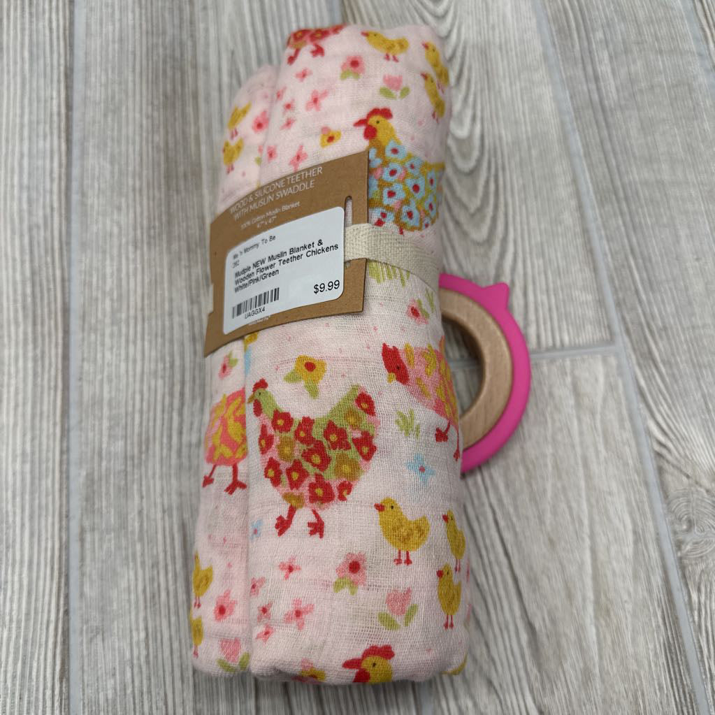 NEW Muslin Blanket & Wooden Flower Teether Chickens