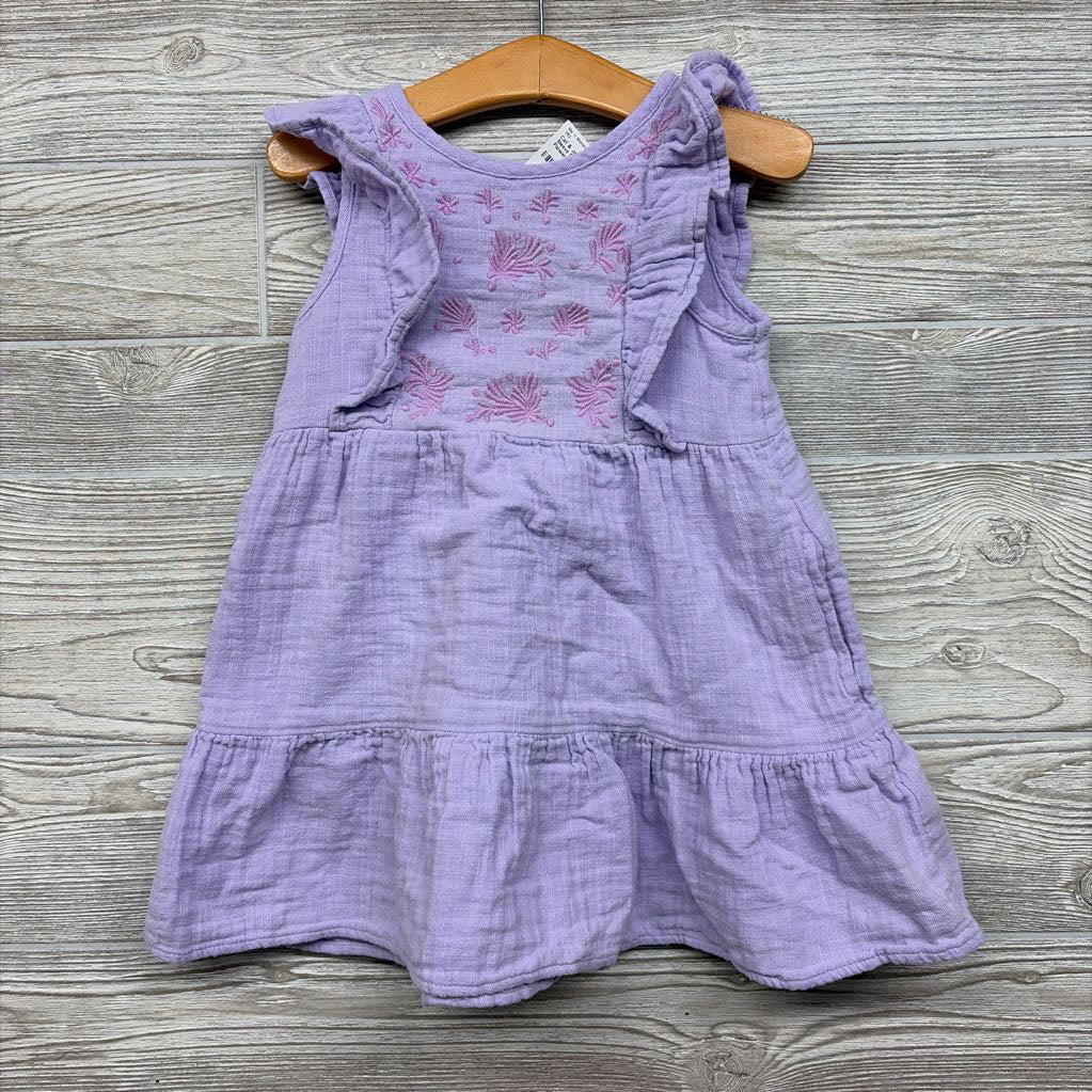 Gauze Flutter Sleeve Dress Embroidered Flowers 3T