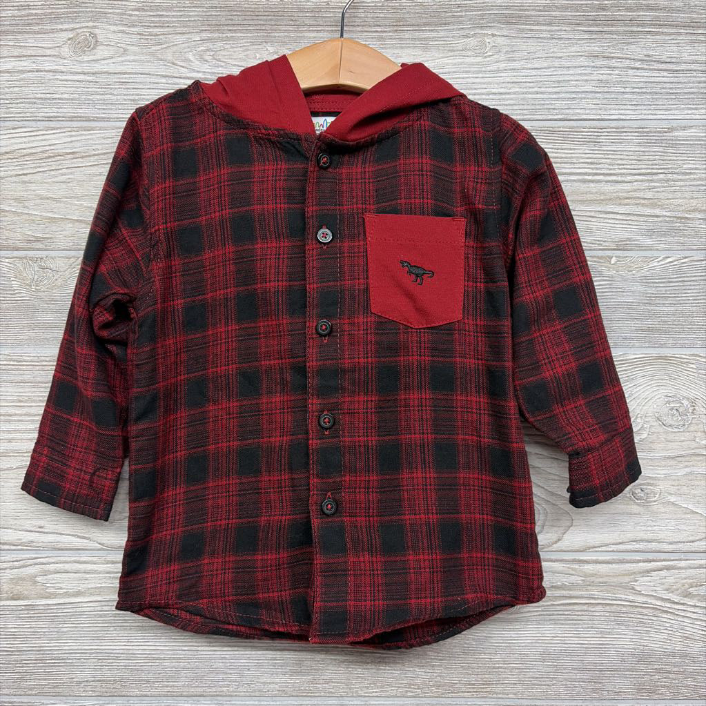 Plaid Button Up Shirt W/ Hood Dinosaur 2t