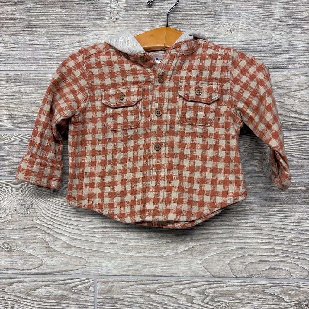 LS Gingham Button Up Flannel Shirt W/ Hood 9M