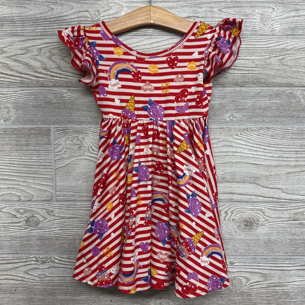 Flutter Sleeve Twirl Dress Stripes Love Flowers 2T