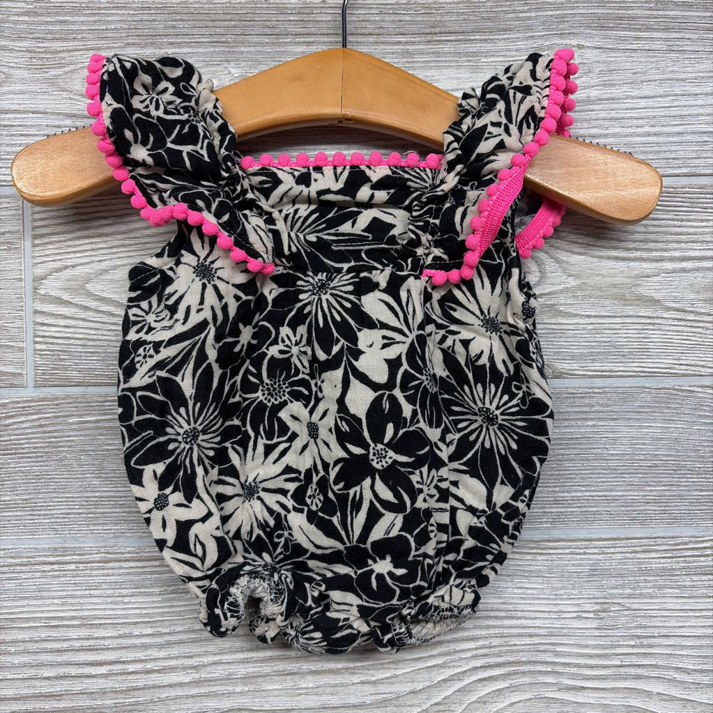 Gauze Flutter Sleeve Romper Flowers Pom Trim 0-3M
