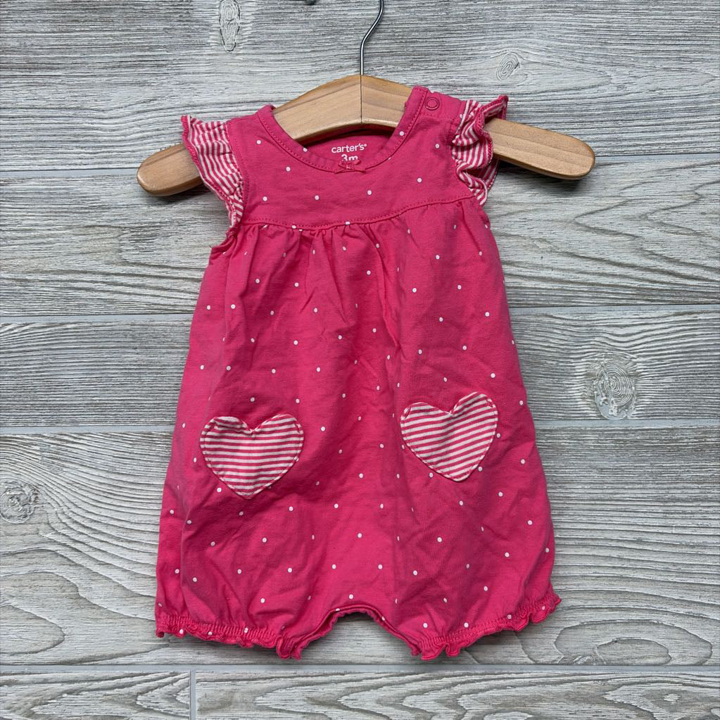 Flutter Sleeve Romper Dots Heart Pockets 3M