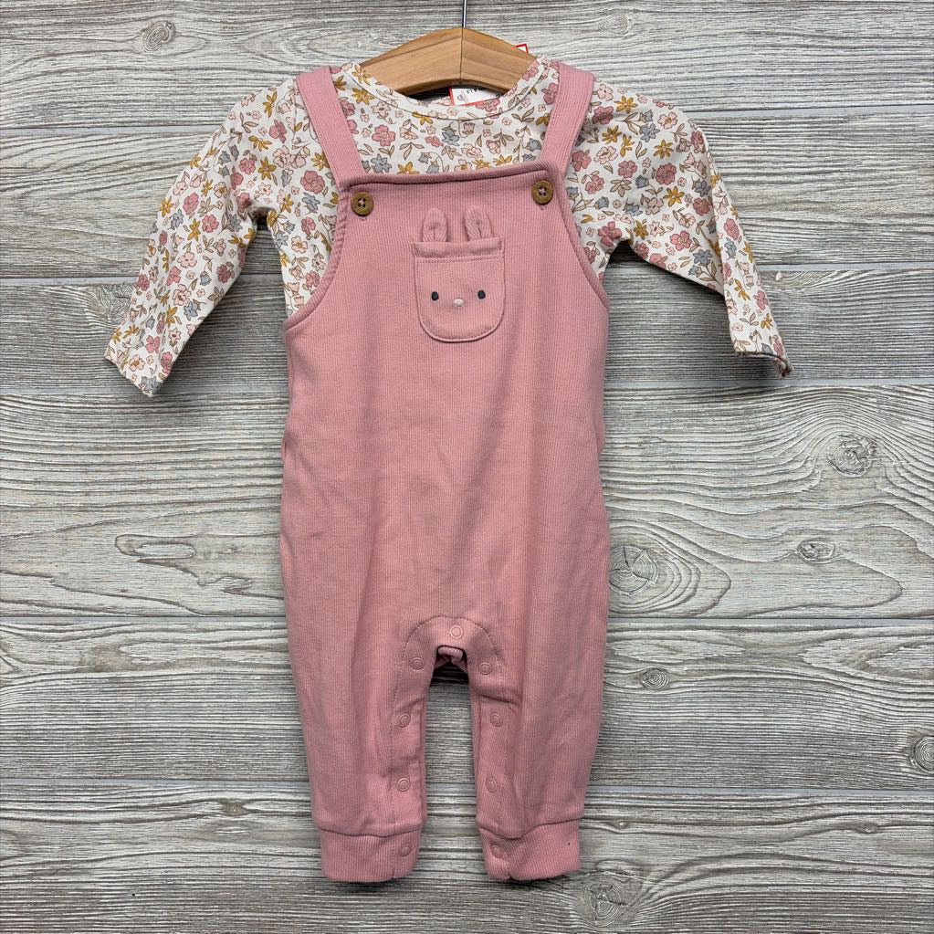 Ribbed Overalls & LS Shirt Bunny Chest Pocket Flowers 6M