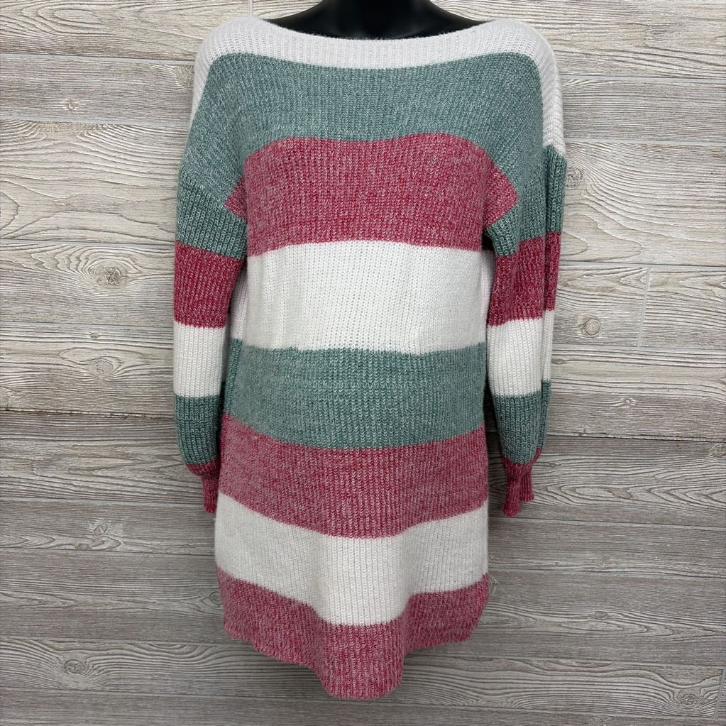 Slit Neck Plush Sweater Dress Stripes Medium