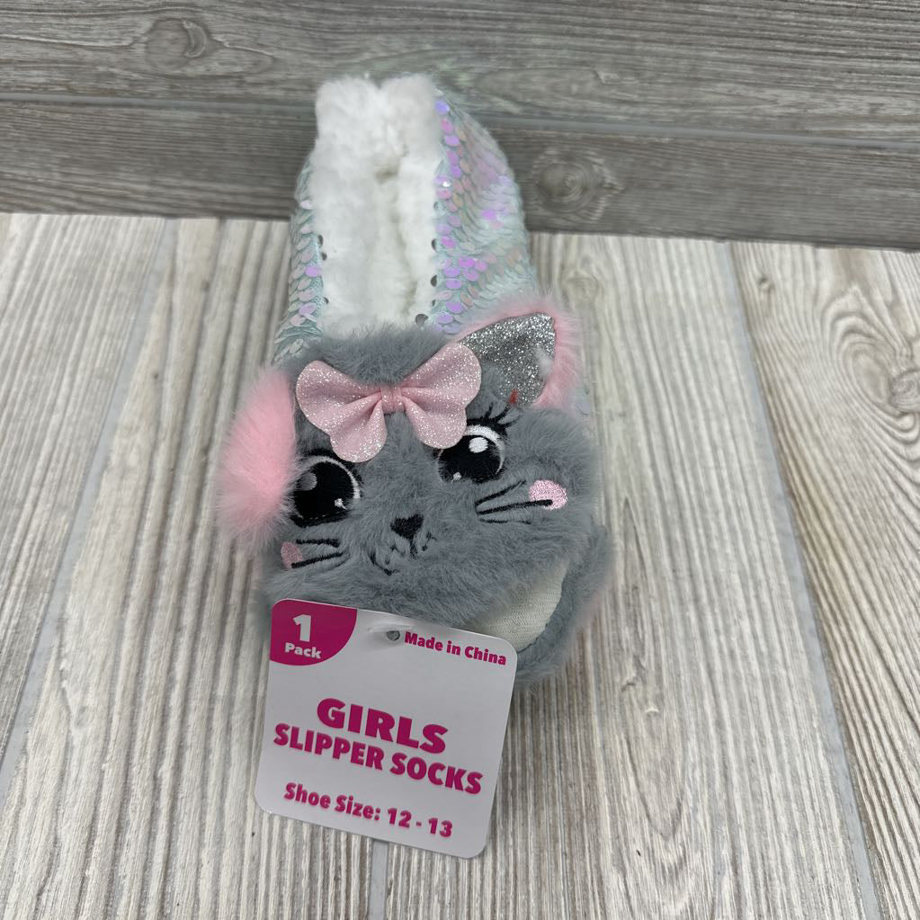 NEW Girls Slippers Socks Sequins Cats 12/13c
