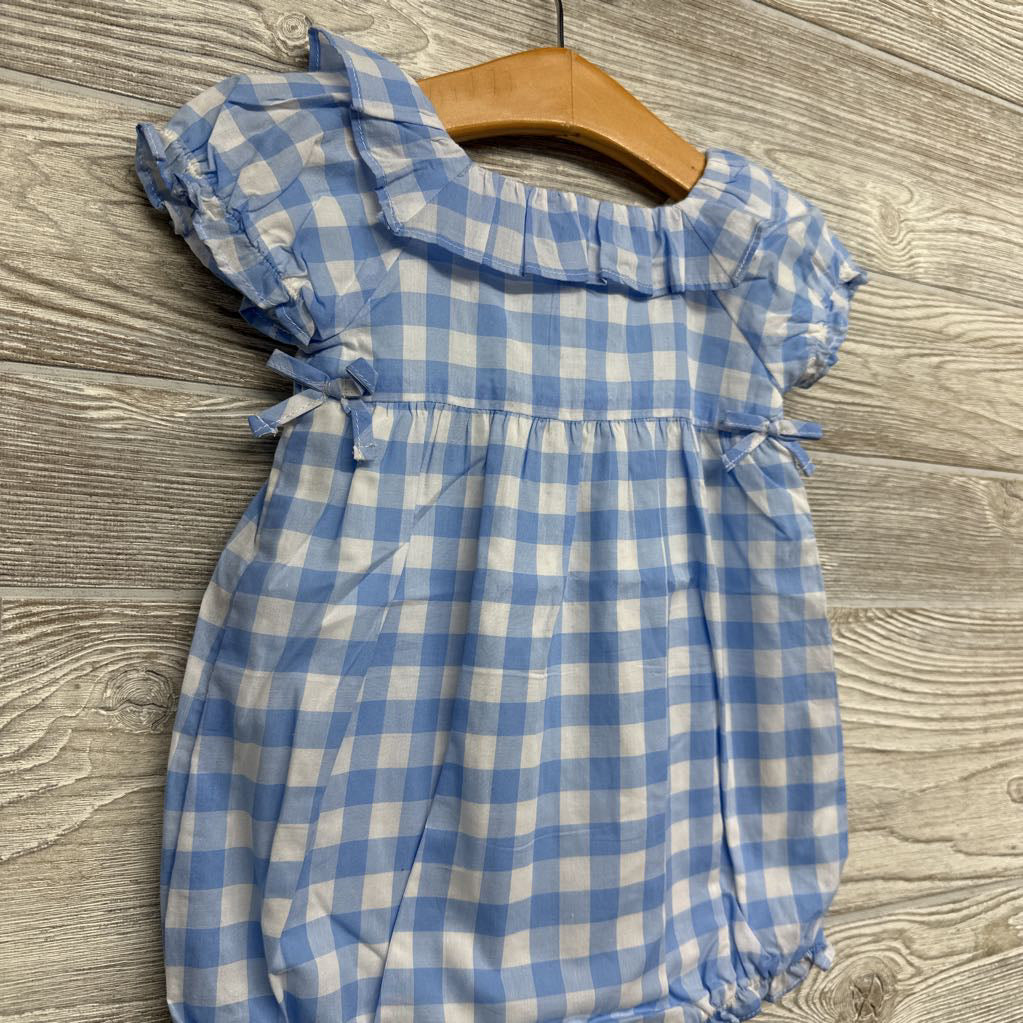 NEW Square Neck Gingham Bubble Romper Ruffle Collar 6-12M *