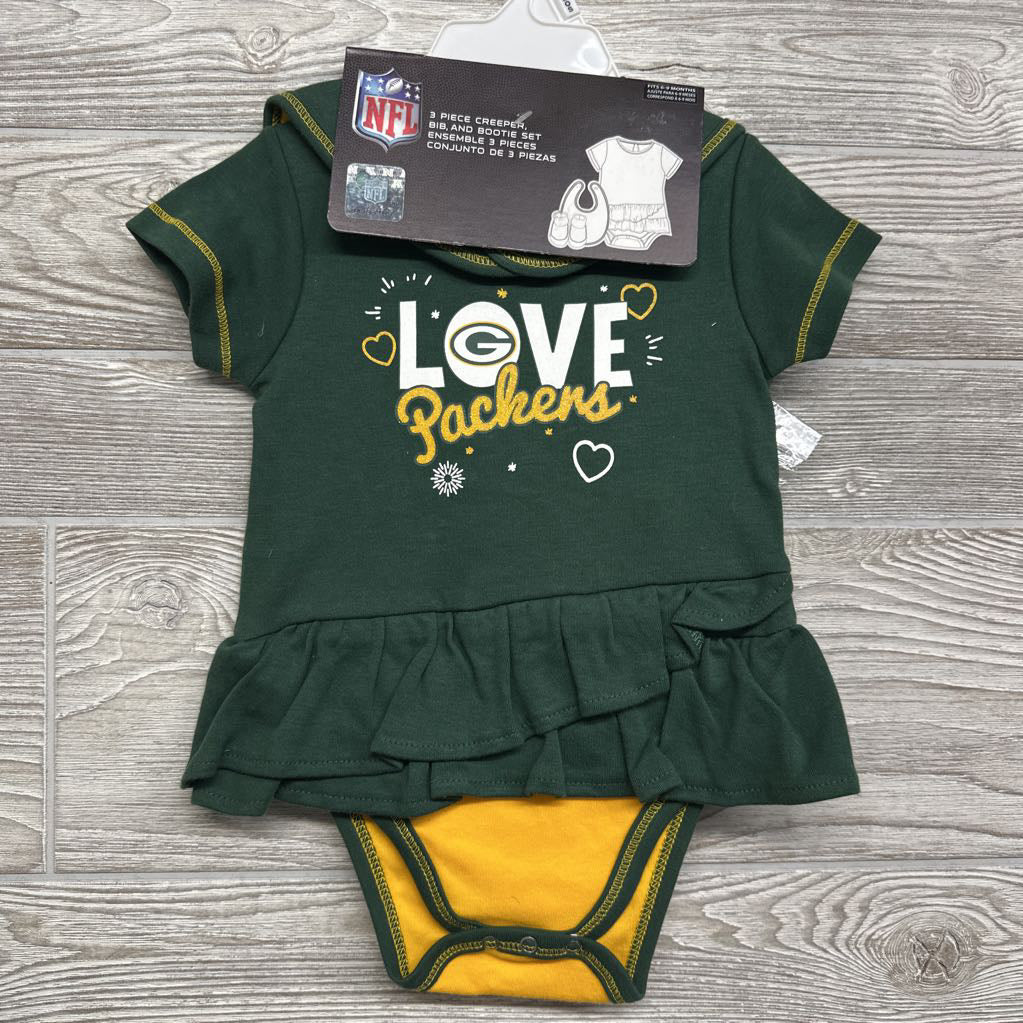 NEW Green Bay Packers Love Dress, Bib & Bootie Set 6M