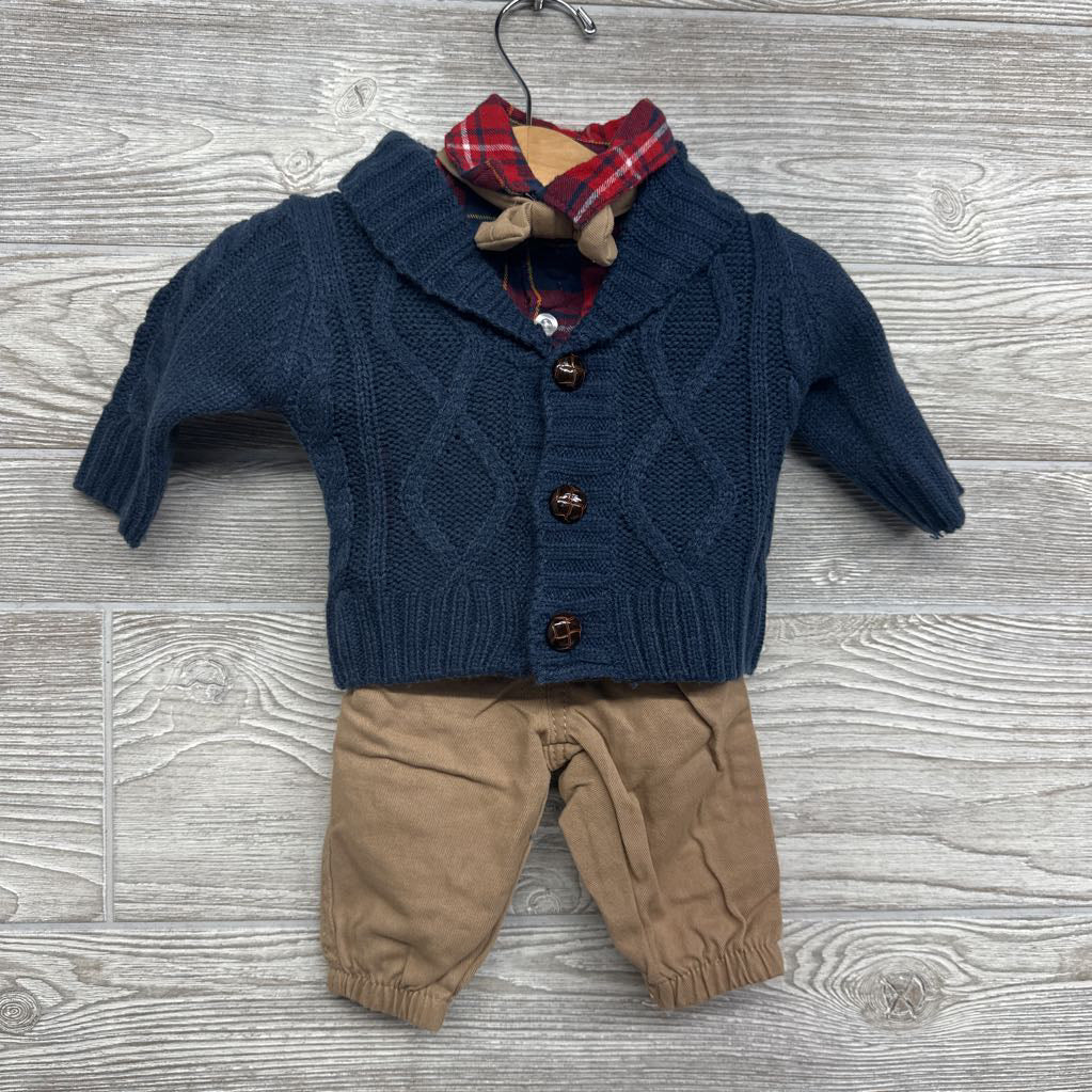 Cardigan, LS Plaid Button Up Bodysuit & Joggers W/ Bow Tie3-6M