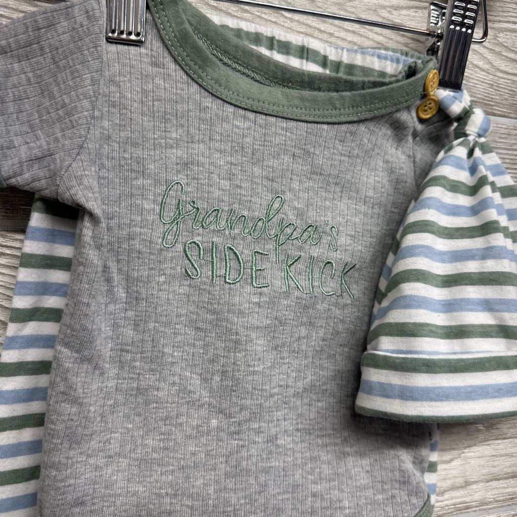 Ribbed Bodysuit Grandpa's Side Kick & Pants W/ Hat Stripes 0-3M