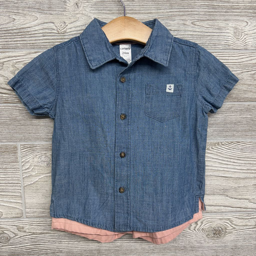 Chambray Button Up Shirt Anchor & Flat Front Shorts 24M