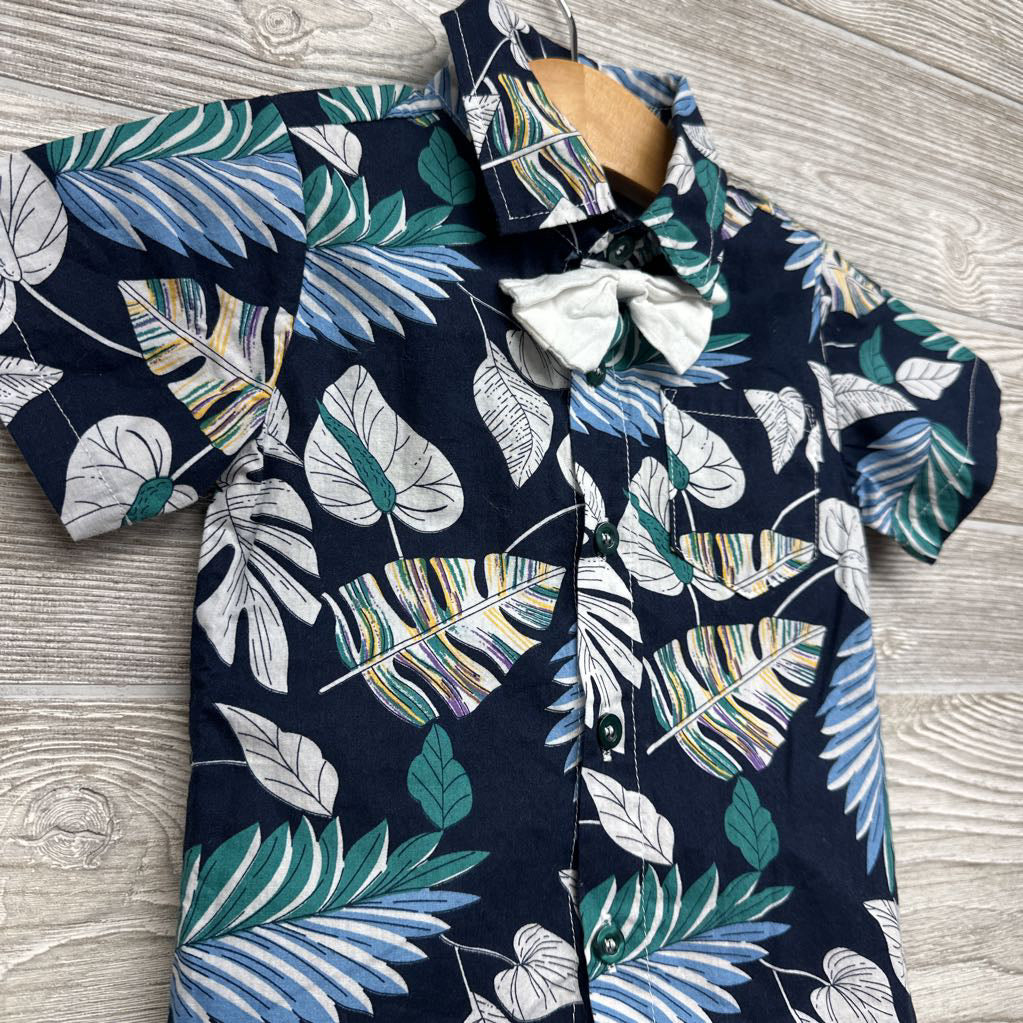 Button Up Shirt & Pull On Shorts W/ Bow Tie Leaves 9-12M