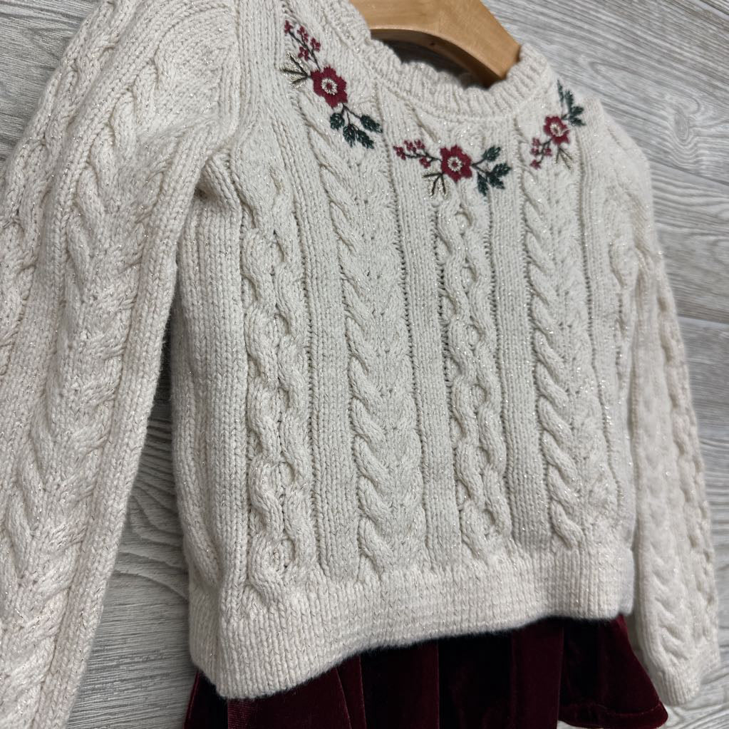 Cable Knit Sweater Flowers & Velvet Skirt 2T