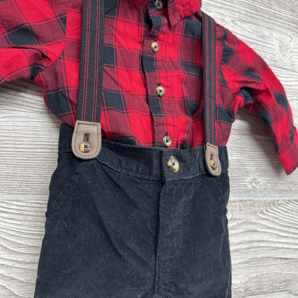 Corduroy Suspender Pants & Buffalo Plaid Button Up Shirt 3M