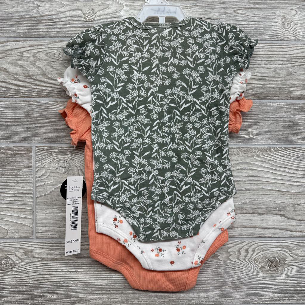 NEW 3 Pk Bodysuits Ribbed Flowers 6-9M