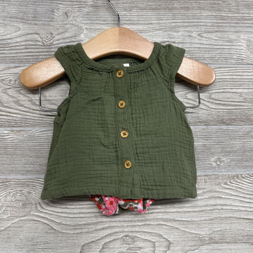 Muslin Button Up SS Shirt & Flower Bubble Shorts 0-3M