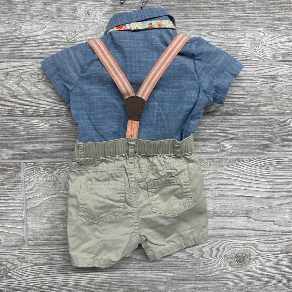 Chambray Button Up Shirt & Suspenders W/ Bow Tie Flowers 6-9M