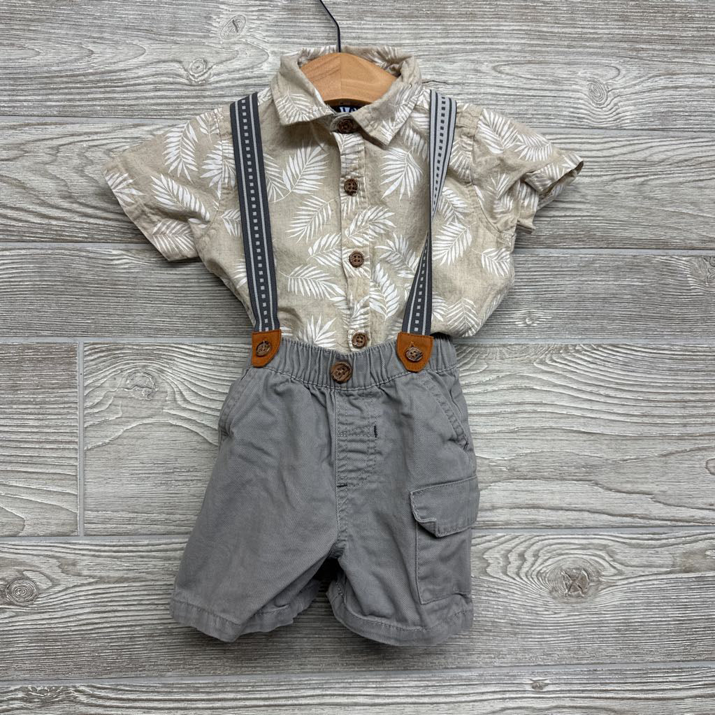 Button Up Shirt Leaves & Suspender Shorts 18M