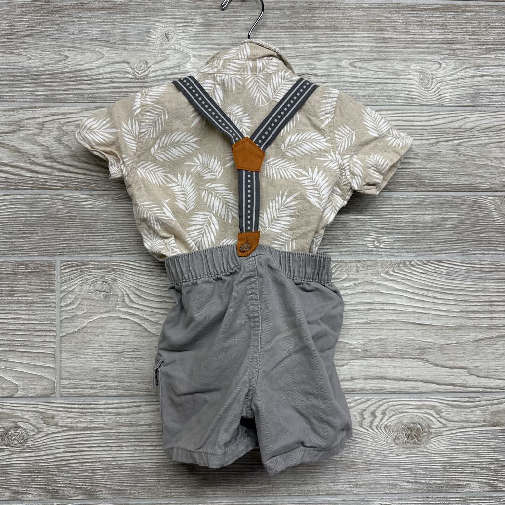 Button Up Shirt Leaves & Suspender Shorts 18M