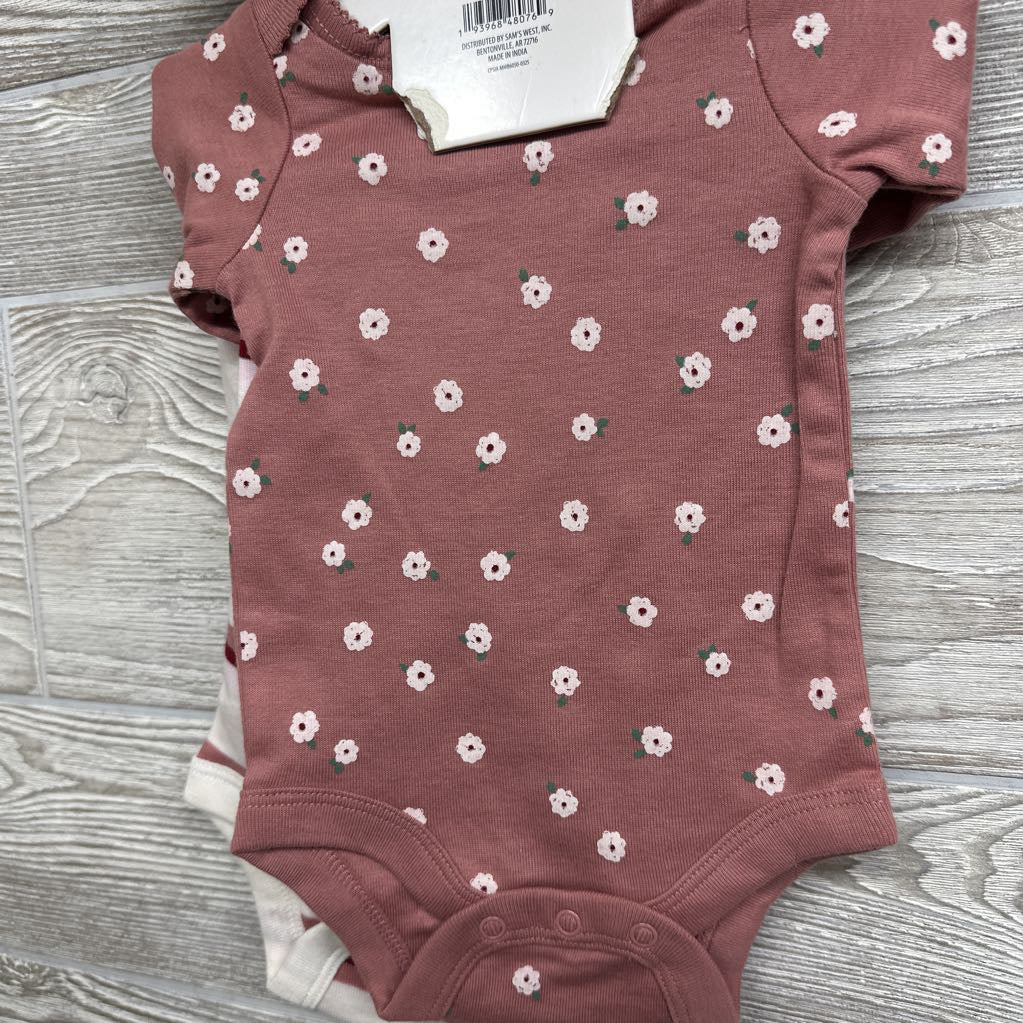 NEW 3 Pk LS Bodysuits Flowers Stripes NB