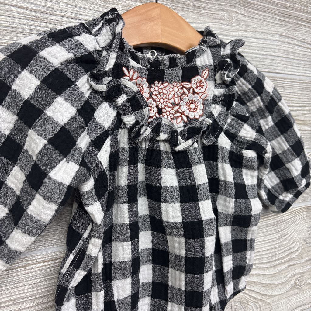 Muslin Checkered Romper Flowers 3-6M