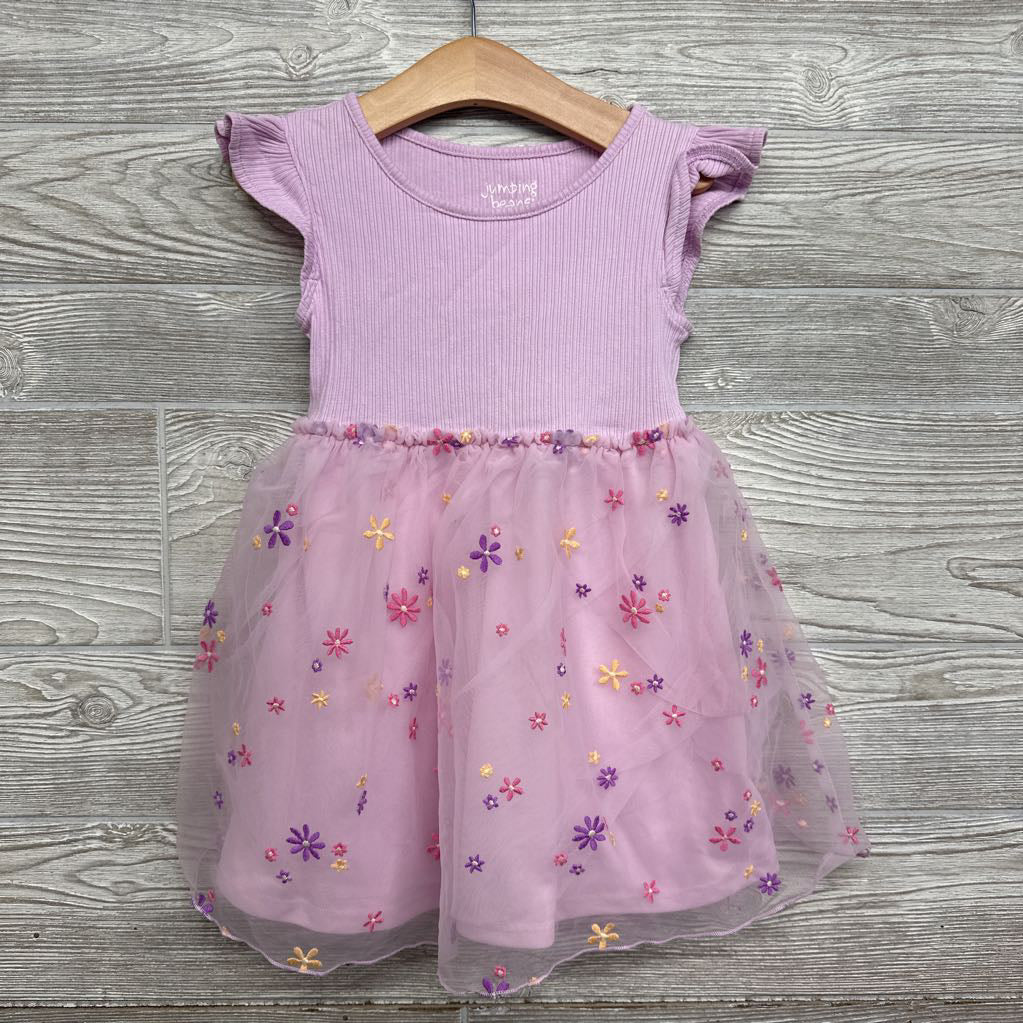 Ribbed Tulle Dress Embroidered Flowers 4T